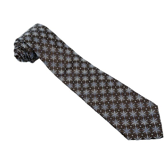 Pronto Uomo Silk Tie Brown Taupe Light Blue Snowflake Polka Dot Necktie Winter - Picture 2 of 3